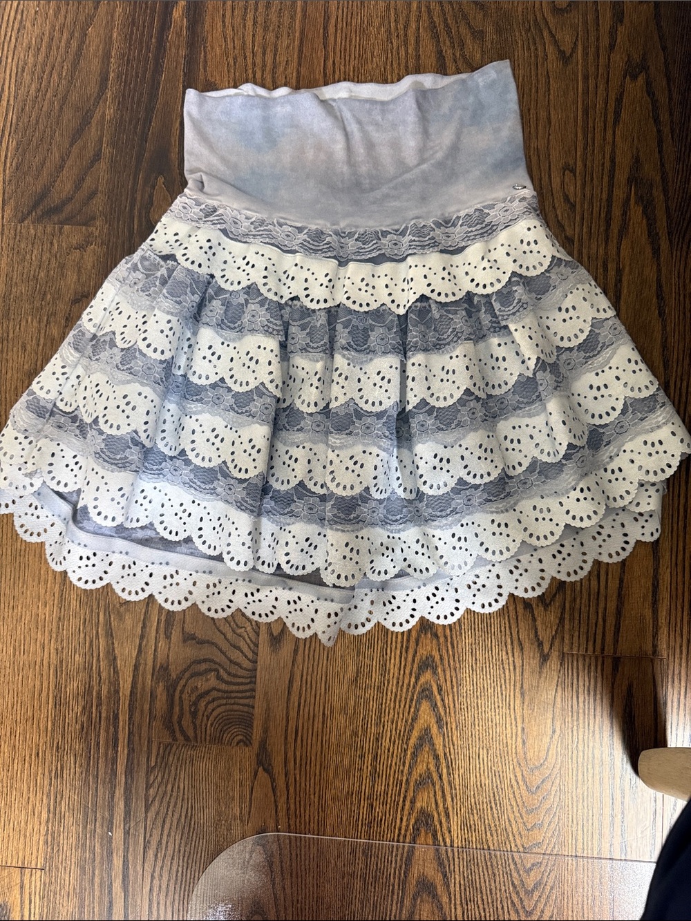 Miss Grant Blue and White Tiered Eyelet Lace Skirt